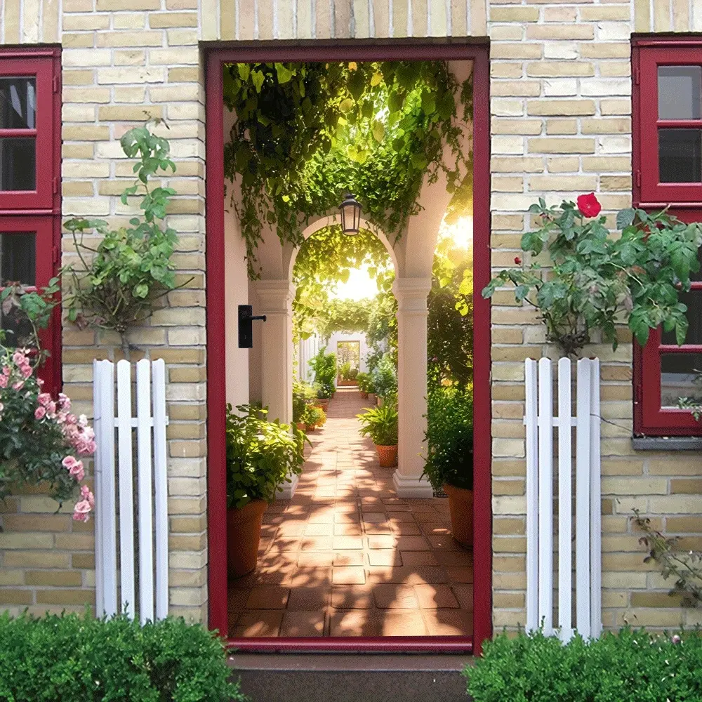 2pcs European Retro Vine Arch Wall Sticker Self Adhesive Removable Decorative Sticker for Living Room Hallway Bedroom Green Plant Door Mural Art Home Decoration Decal