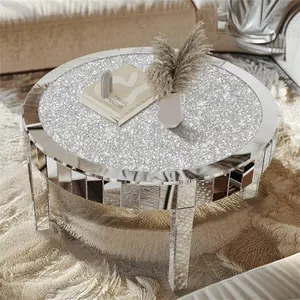 31.5 Inches Round Mirrored Coffee Table Bling Crushed Crystal Diamond Decorative Center Table For Living Room