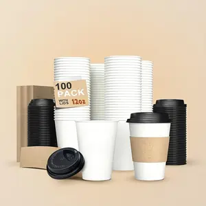 Disposable Coffee Cup with Lid & Sleeve, 12oz Disposable Coffee Cup, Disposable Tableware for Hot & Cold Drinks, Party Supplies, Disposable Cups, Paper Cup