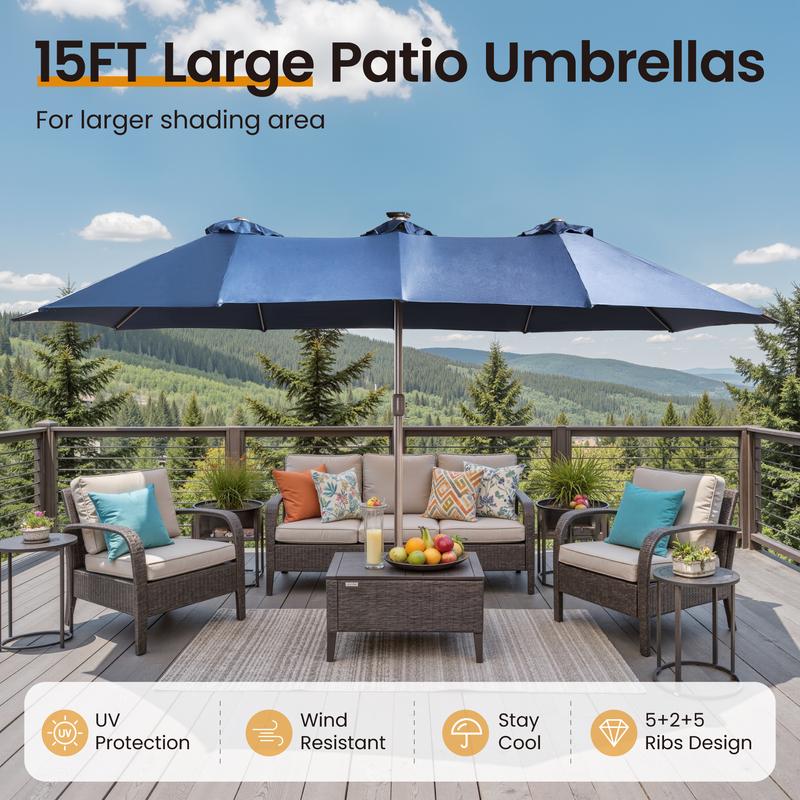 【Solar Lights Umbrella & Table】Ovios 15ft Double-Sided Patio Solar Lights Umbrella with 25" Coffee Table , Outdoor Large Umbrellas with Crank Handle and 36 LED Lights, Rectangular Market Umbrella with Base Included for Deck Pool Shade