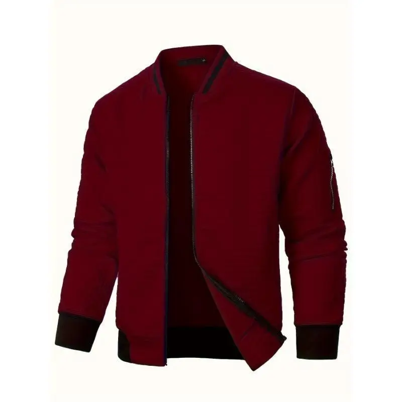 Men's Casual Plaid Bomber Jacket - 100% Polyester Full-Zip Stand Collar Sweatshirt with Long Sleeves and Slight Stretch Fabric Menswear Coats Burgundy Navy