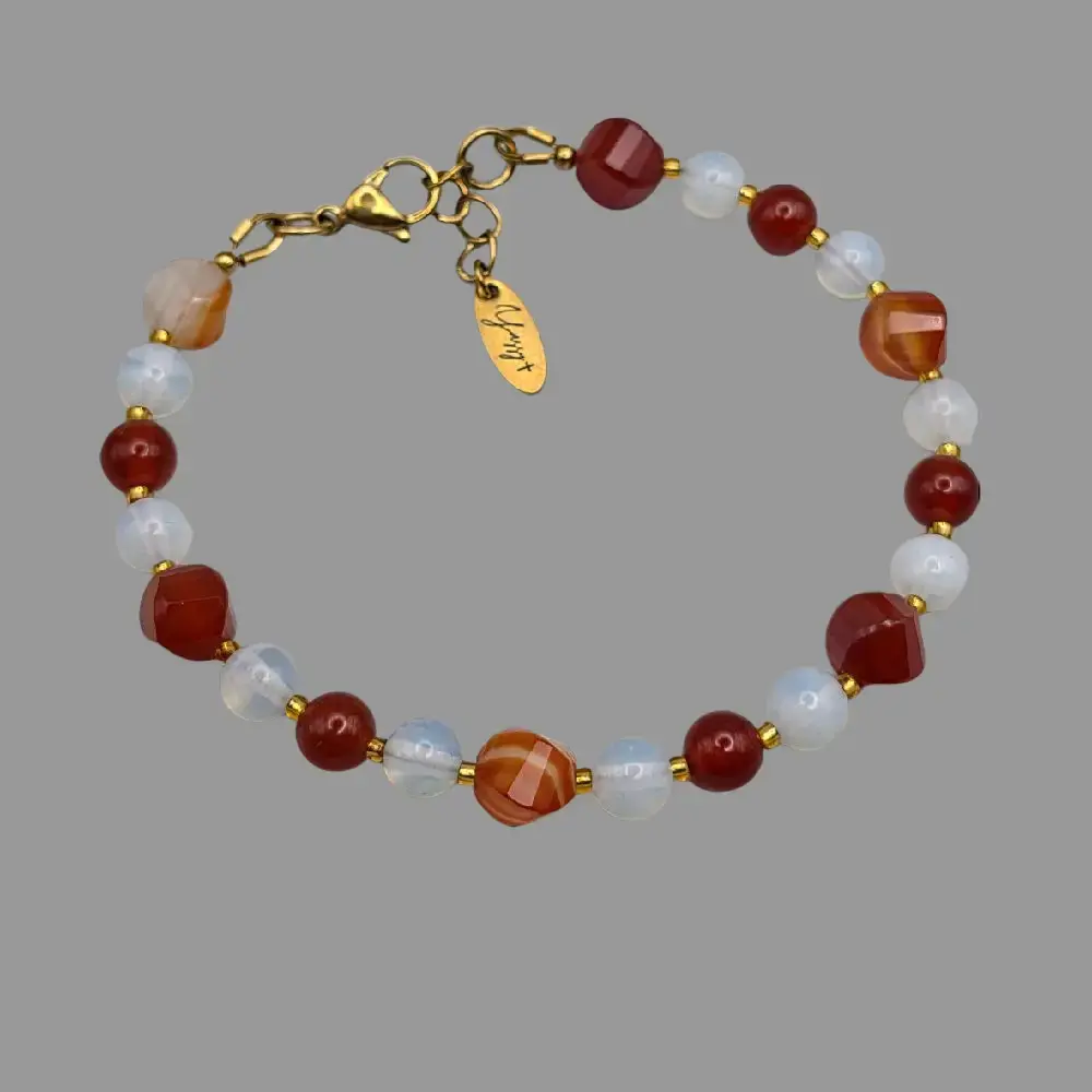 Handmade Red Agate & Opal Crystal Jewelry Set | Clear Quartz Teardrop Necklace + Bracelets | 18K Gold PVD Gift Set