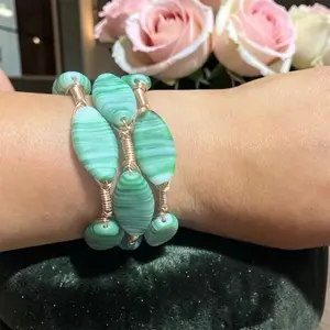 Copper Green Lamp Work Glass Bangle - Elegant Handcrafted Jewelry with Unique Green Glass Beads and Copper Wire