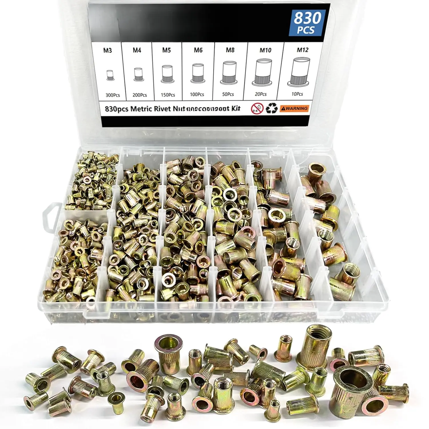 Rivet Nut Tool Kit, 830 count SAE/Metric Rivet Nut Assortment Kit M3, M4, M5, M6, M8, M10, M12, w Galvanized Carbon Steel Flat  Threaded Insert Nuts (Metric - 830 count) Yifanyou Sports