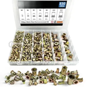 Rivet Nut Tool Kit, 830 count SAE/Metric Rivet Nut Assortment Kit M3, M4, M5, M6, M8, M10, M12, w Galvanized Carbon Steel Flat  Threaded Insert Nuts (Metric - 830 count)