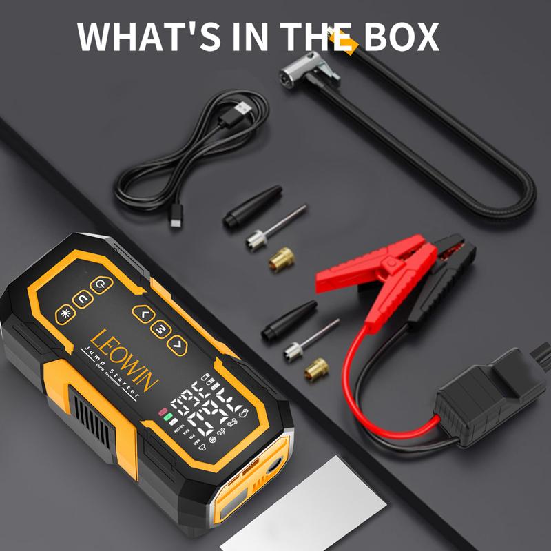 Jump Starter with Air Compressor, Battery Jumper Starter Portable(9.0 Gas/6.5L Diesel) with Tire Inflator, 12V Car Battery Jump Starter with Smart Jumper Cables, LED Light, LCD Display, Car Accessories Tools