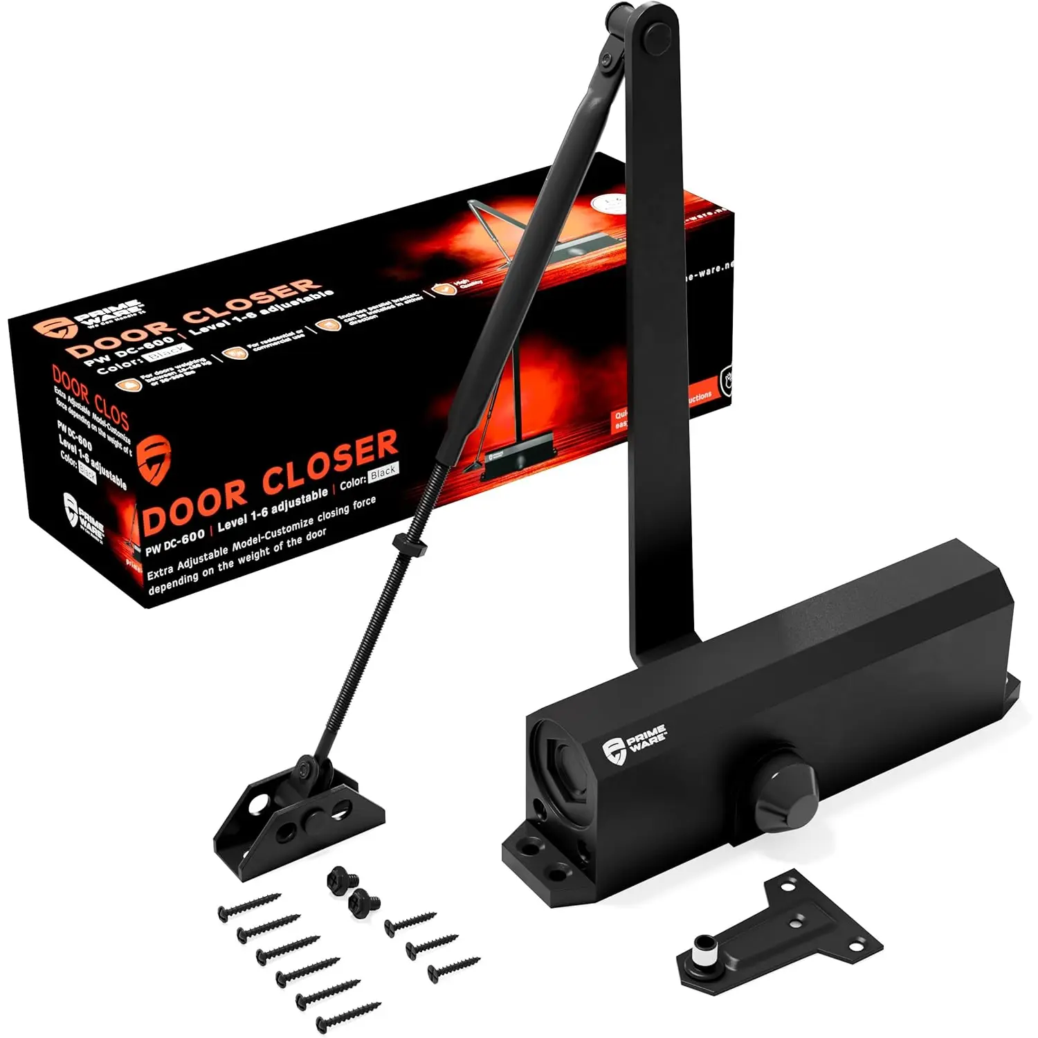 DC-600 Automatic Adjustable Door Closers for Home | Soft Close, No Slam | Residential and Commercial Door Closer | Level 1-6 | for Doors Weighing 30-300 lbs | Hydraulic Door Spring - Black