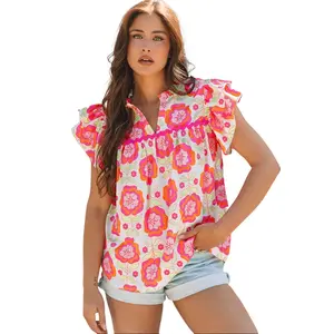 Women's Rose Floral Ruffled Sleeve Ric-rac Trim Split Neck Loose Blouse - 100% Polyester, Polyester Clothing, Graceful Print, Chic Versatile Top, Elegant Everyday Feminine Shirts