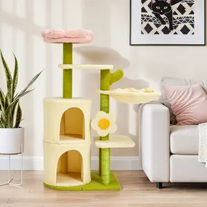 EROMMY 38'' Flower Cat Tree Tower, Cute Cat Tree For Indoor Small Medium Cats, Multi-Level Cat Tower With Cat Scratching Post, Cat House, Cat Bed, Stylish Cat Furniture, Green