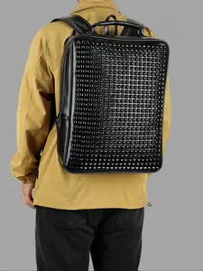 Unisex Fashion Backpack, Rivet Decoration Large Capacity Bag, Square Bookbag, Casual Daily Use, Stylish and Durable