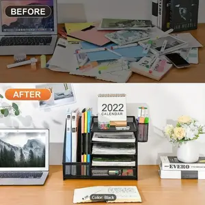 Mesh Desk Organizer With File Holder 5-Tier Paper Letter Tray Organizer Drawer 2 Pen Holder Magazine Holder For Office Supplies