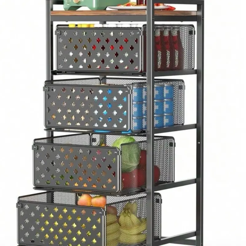 Tier Kitchen Storage Cart With Wheels, Utility Fruit Vegetable Storage Rack Stand With Pull-Out Baskets & Wood Top, Metal 4-Drawers Rolling Snack Cart, Kitchen Cart For Potato Onion(Black)