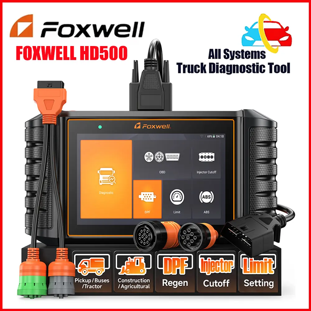 FOXWELL HD500 Heavy Duty Truck Diagnostic Tool - 24V/12V Bi-Directional Scanner with DPF Regen/Injector Programming/Limit Adjust, All Systems Diagnostics for Cummins Detroit CAT Paccar Hino Pickups & Class 8 Trucks (2024 Truck Edition)