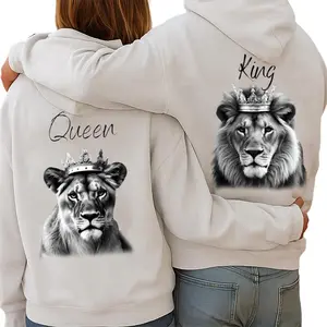 Lion King Queen Couple Matching Hoodies Casual Street Style Fleece Fabric Pullover Hooded Sweatshirt Tops Trendy for Women for Men, Perfect Gift