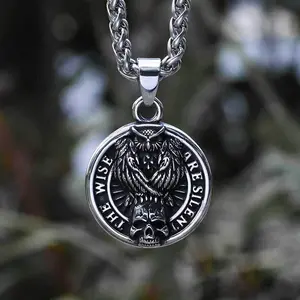 GTHIC Vintage Owl Skull Head Stainless Steel Pendant for Men Women Statement Jewelry Father's Day Gift