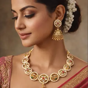 Elegant Gold Tone Necklace & Small Earrings Set with Gemstone Accents for Traditional Wear