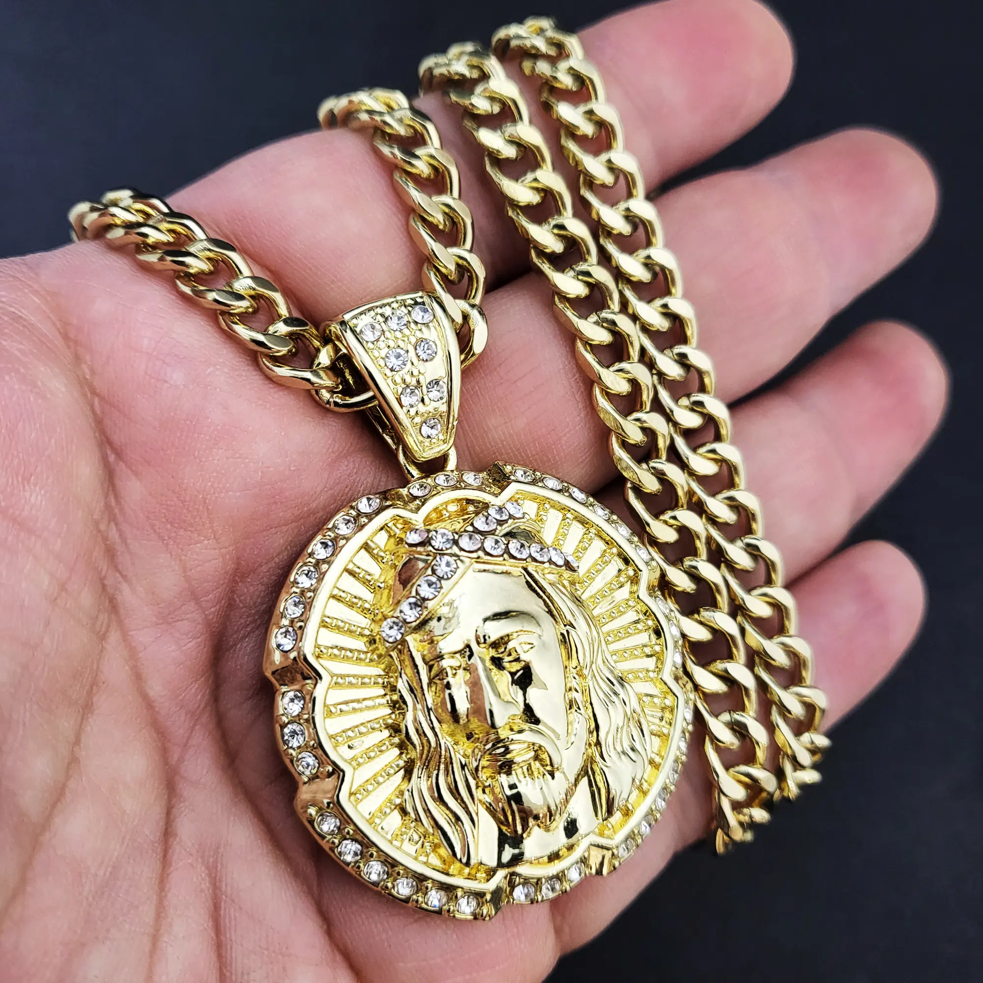 MaxBling81 Unisex 40mm Iced Bling Gold Silver Plated Jesus Face Medal Cross Necklace, 6mm Cuban Link Design Chain, 24-36in Miami Style Spiritual Faith-Based Fashion Glam Up Costume Jewelry, Spiritual Jewelry