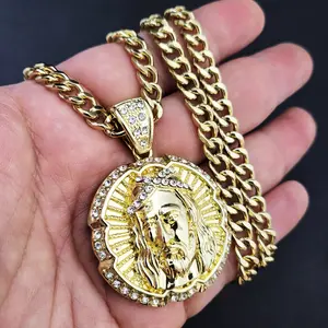 Men's Iced Bling Gold Silver Plated Jesus Medal Religious CZ Pendant & 6mm 24" 30" 36" Miami Cuban Chain Necklace Jewelry