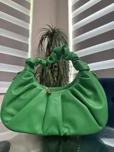 Green Trendy Handbag in Bold Faux Leather with Ruched Shoulder Handle & Pleated Design Perfect for Stylish Outfits