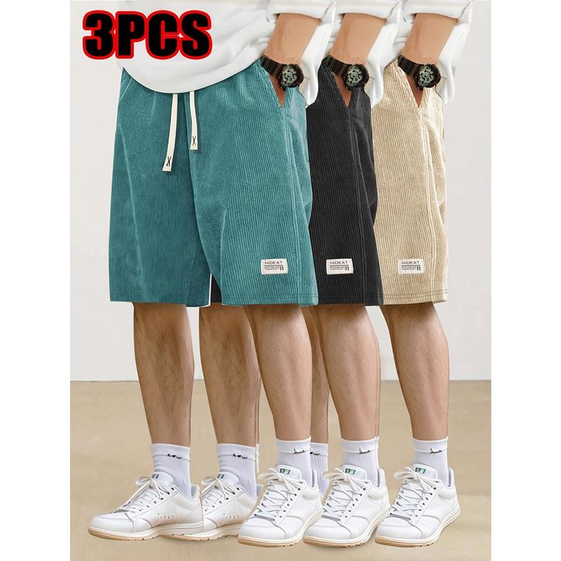 HIDKAT Men's 3-Piece Corduroy Sport Shorts Set, Adjust-Fit Activewear, Pullstring Elastic Mid Waist, Fitted Plain Retro Style, Back Pocket, Above the Knee, Cold Wash Athletic Casual Summer Bottoms