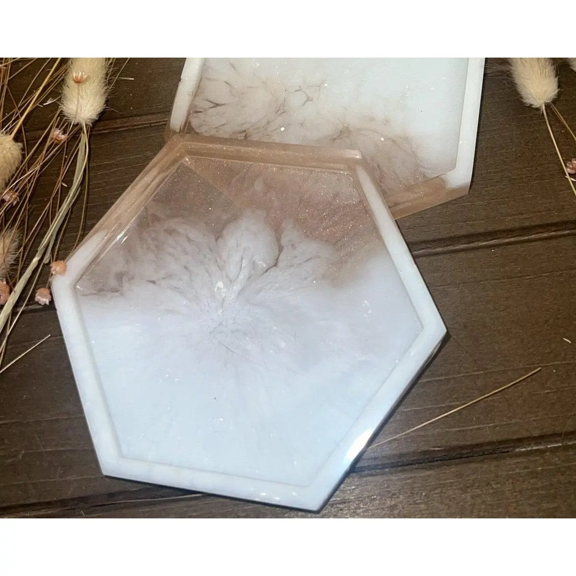 Milk&Honey Hexagon Resin Coasters | Rose Gold&White