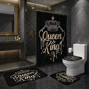 4Pcs Shower Curtain Set Crown Queen Motif, King Typography Graphic, Gold Drip Elegance, Bathroom Sets with Rugs, Holiday Shower Curtain, Christmas Halloween Thanksgiving, Bathroom Decor, Black Background Gold Foil Royal Script