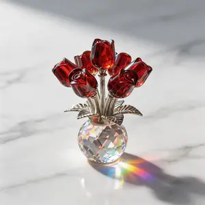 Red Rose Crystal Flower Figurine with Vase K9 Crystal Rose Bouquet Ornament Romantic Gift for Wife Girlfriend Valentine's Day Anniversary Decor