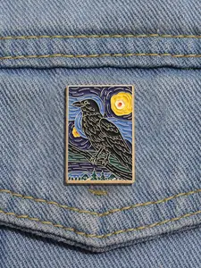 Oil Painting Series Brooch, Galaxy & Crow Pattern Brooch Pin, Fashion Alloy Badge for Daily Clothing Decor, Trendy All-match & Exquisite Brooch for Birthday Gift, Fashion Accessory