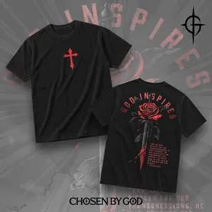 CHOSENBYGOD God Inspires Rose Sword Heavyweight Washed Unisex T-Shirt Christian Faith Bible Jesus Religious Apparel Vintage Washed Tee Streetwear Gym Menswear Direct To Garment Breathable Print