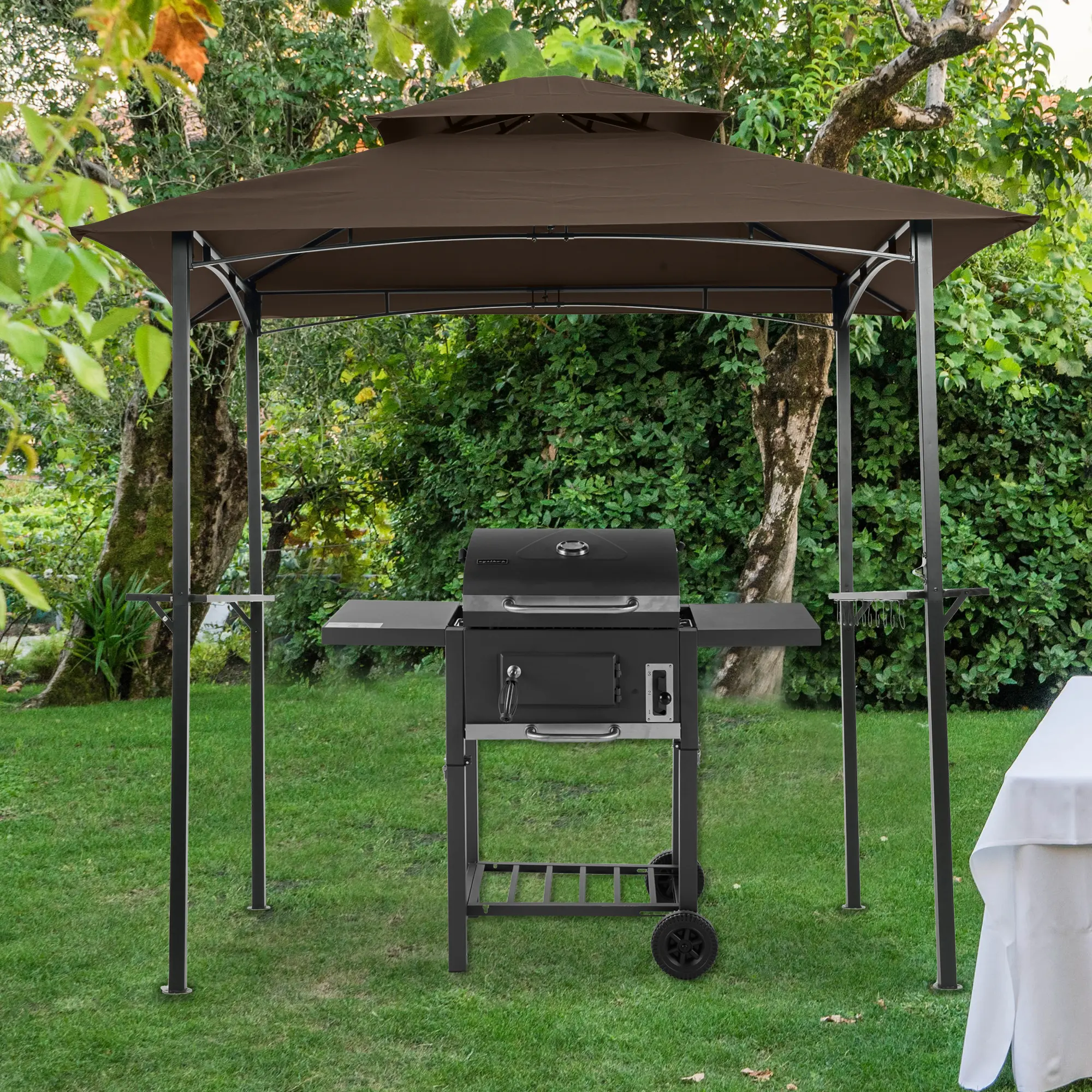 8 x 5 ft Grill Gazebo Replacement Canopy, Double-Tiered BBQ Tent Roof Top Cover, Beige, 180 g Polyester, 2.00 lbs, Fire Retardant, Assembly Required