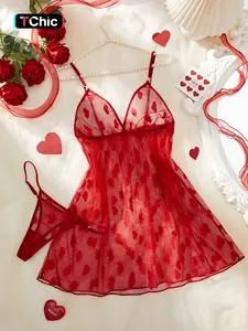 Women's 2pcs Plain Heart Print Lettuce Trim Sheer Cami Nightdress & Thong Tulle Underwear Set, Casual Adjustable Spaghetti Strap Nightdress & Panty Lingerie Set, Ladies Summer Sleepwear Set Sleepwear Loungewear