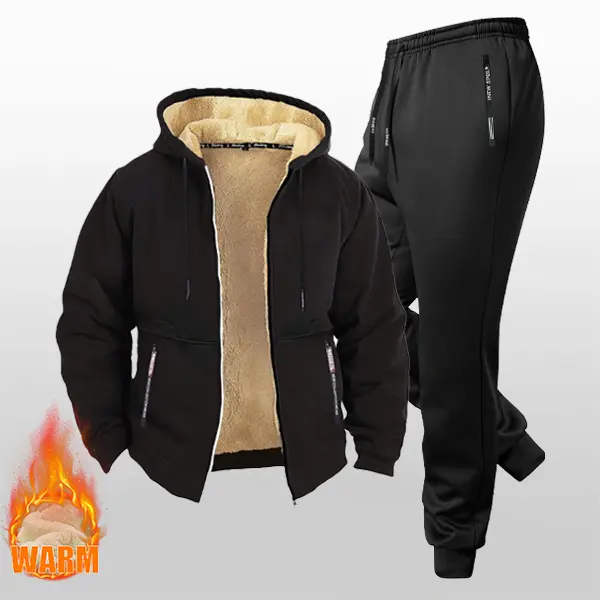 Men's Autumn Winter Fleece Lined Thickened Casual Fashion Outdoor Sports Hooded Sweatshirt & Jogger Pants Set Warm Medium