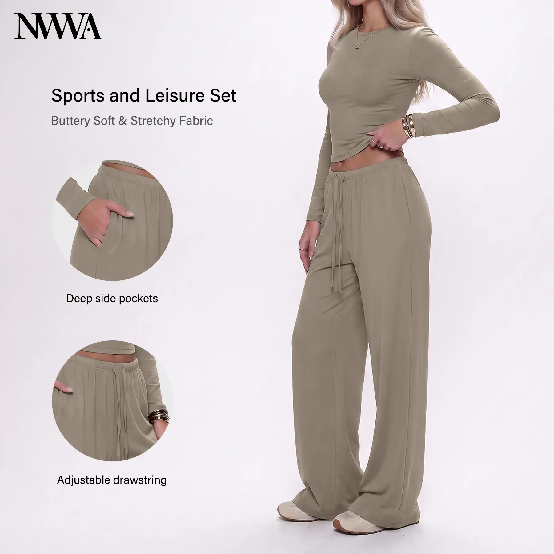 NVWA Women's 2-Piece Polyester Activewear Set - Slim-Fit Long Sleeve Gym Shirt + High-Waisted Drawstring Below Ankles Wide Leg Pants with Pockets, Soft Skin-Friendly, Highly Elastic, Quick Dry, All Seasons, for Workouts & Casual Wear