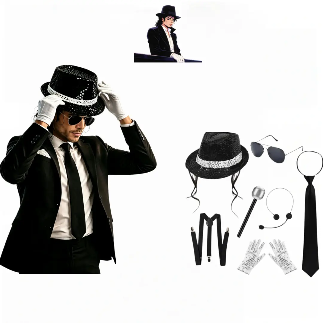 Moonwalk Throwback Kit! Michael Jackson Iconic Glitter Hat Sunglasses Gloves, Retro Disco Stage Outfit, Vintage Pop Legend Party Supplies for Pool & Festival