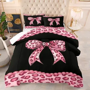 Leopard Print Bow Pattern Bedding Set, Soft Adult Bedroom Decoration, Suitable For Giving To Friends And Family, As a Moving And Holiday Gift, Including 1 Blanket And 1 Or 2 Pillowcases Without Pillowcases