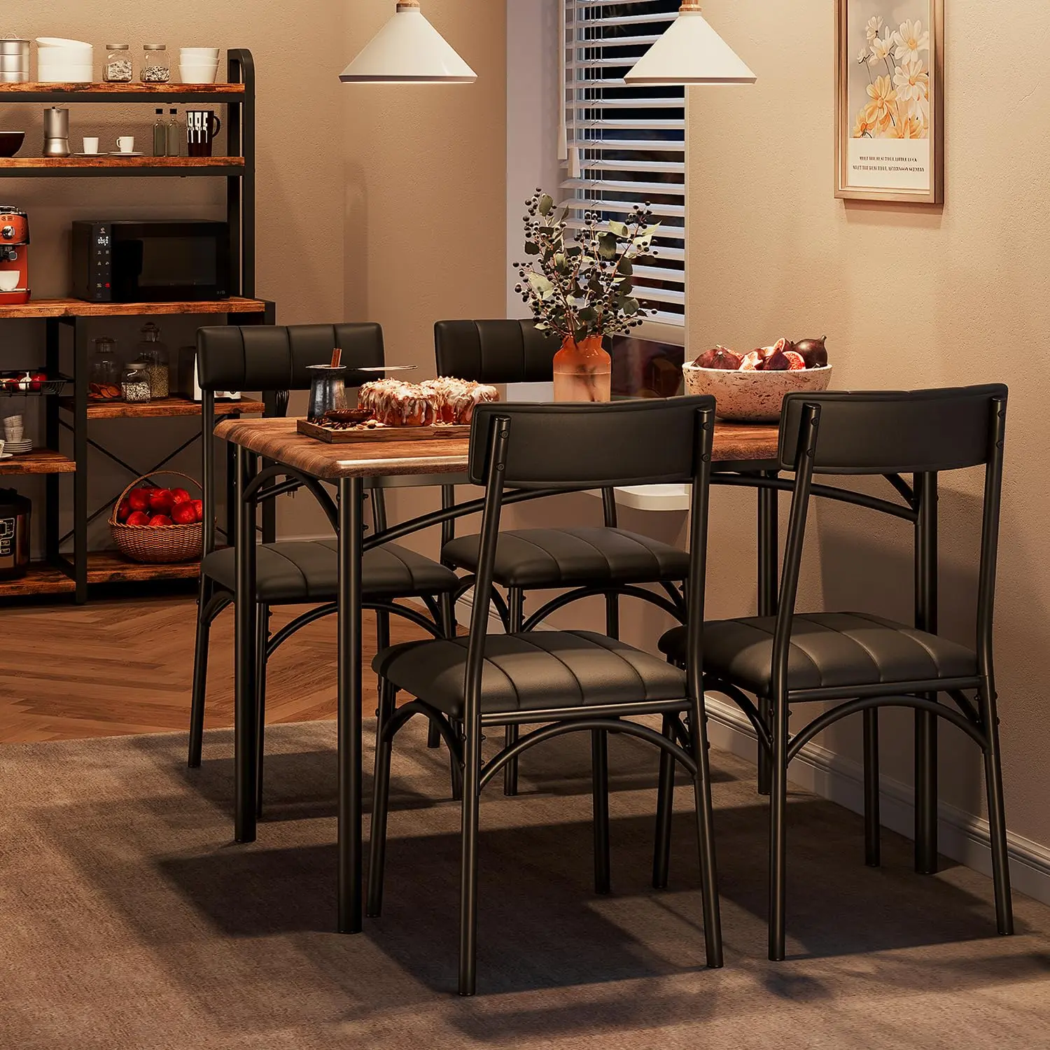 【GARVEE】Dining Table Set for 4, Wood Dining Table with Upholstered Chairs for 4, 5 Piece Rectangular Kitchen Table and Chairs Set, for Small Space, Apartment, Retro Brown