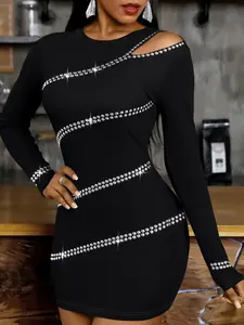 Women's Shoulderless Diamond Embellished Long Sleeve Dress, Casual Elegant Chic Evening Gown, Slim-Fitting Plain Design, Perfect for Parties, Womenswear