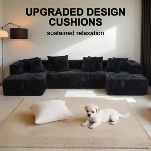 131.8" Modular Sectional Sofa Cloud Couch, Corduroy Memory Foam Black Sectional Couches for Living Room, Modern Deep Seat Boneless Sofa, Comfy Fluffy Plush U Shaped Couch with Chaise Lounge