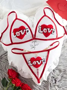 Romantic French-style appliqué sequin splicing rhinestone triangle thong Brazilian style panties mesh heart pattern thin strap lingerie set, body-hugging bra and thong, women's sexy lingerie set