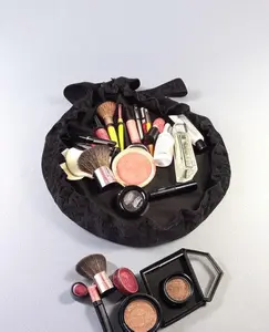 Black Lace Drawstring Makeup Bag - Handmade Large Soft Washable Travel Cosmetic Bag with Drawstring Closure 20" Diameter Makeup Storage Pouch ,