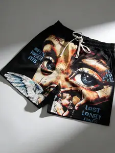 Men's American Dark Art Big Eye Print Sport Shorts, Graphic Shorts, Streetwear Graffiti Design, Summer Casual Loose Fit Half Pants
