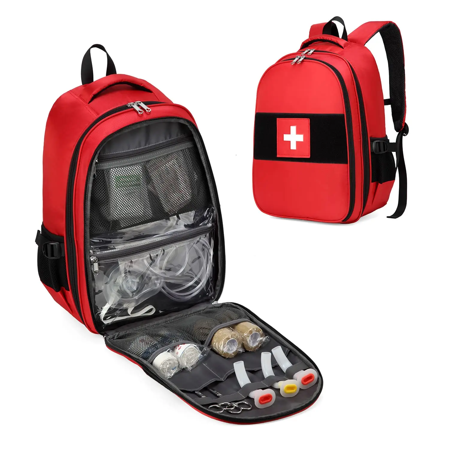 Large-Capacity Red Trauma Backpack, Outdoor-Ready First Responder Kit for Unisex Adults, Empty Bag for Customization for Camping & Emergencies, Empty Design For Customization, Emergency Medicine, Essential Medical Supplies, Office Use, Polyester