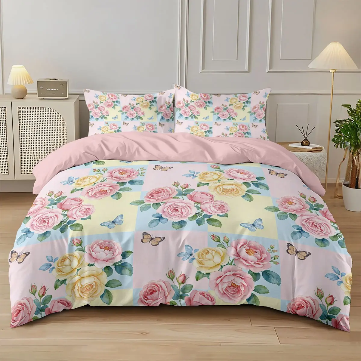3-piece quilt cover set (1 quilt cover +2 pillowcases, coreless) French rose butterfly powder yellow blue check floral print soft and comfortable bedding Bedding Sets, suitable for all rooms including hotel bedrooms and rooms