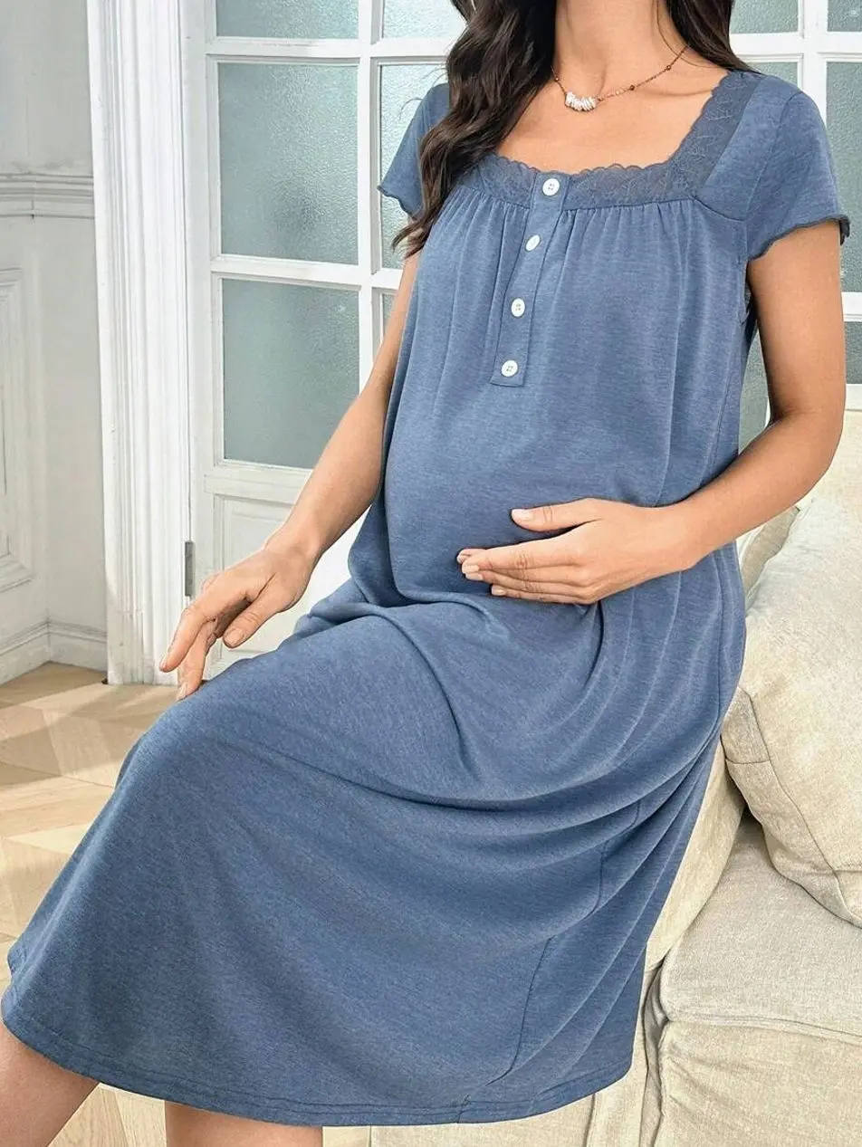 Maternity Nightgown Floral Organza Contrast Lace Button Closure Pregnancy Nightwear