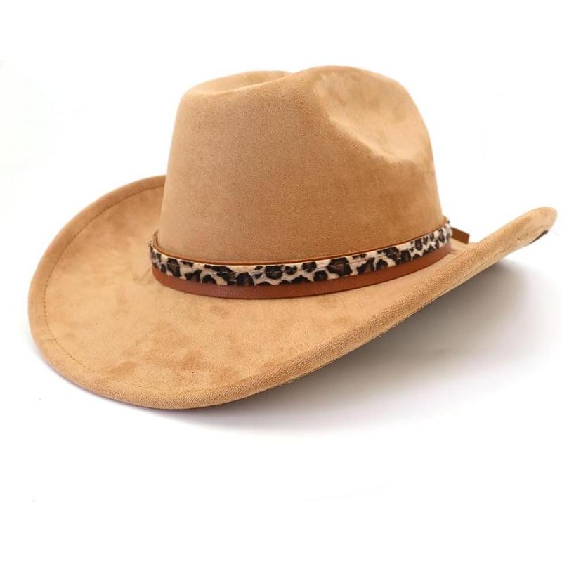 Classic Suede Cowboy Hat for Adult Wide Brim Western Cowgirl Hat Women Fedora Hat with Leopard Print Hatband