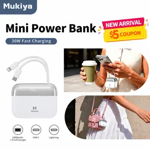 Mukiya Mini Power Bank 30W Fast Charge 10000mAh Built-in Dual Cable Digital Display Portable Phone Charger For iPhone Android Travel Daily Use