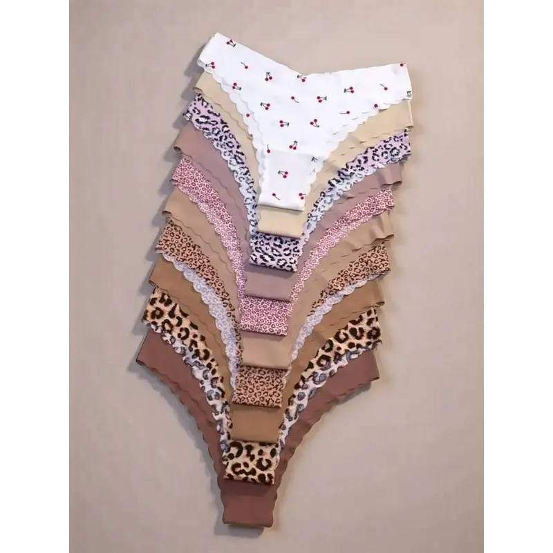 Women's Seamless Thong Panties Multi-Pack, Elegant No-Show Wave Edge Underwear with Assorted Floral & Leopard All Over Print, All-Season Lightweight Breathable Fabric, Lingerie, Airy Thin Fabric, Cheeky