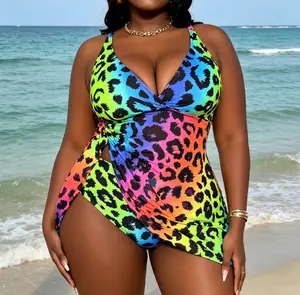 Plus Size Rainbow Leopard Print Halter Tankini Set - V-Neck Surplice Top with Side Slit & Cutout Detail, Flared Skirt Overlay and Matching Brief Bottom, Tummy Control for Curvy Figures, Ideal for Beach & Pool Summer Vibes