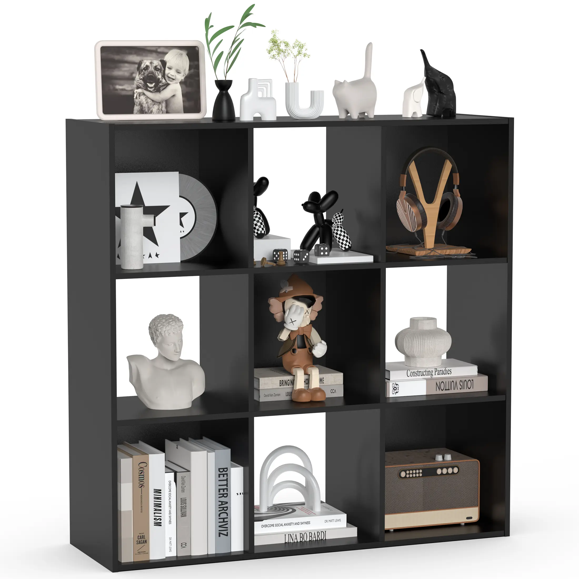 Black Wooden Storage Organizer Shelves - Home Supplies Adjustable Open Racks with Removable Back Panels, 60-lb Capacity per Unit, Room Decor for Living Room, Home Office
