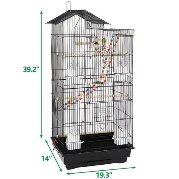Zeny 39'' Large Rooftop Birdcage - 49*35.5*157.5cm, 0.4'' Bar Spacing Safe Bars, 4 Eco-Friendly Feeders, 4 Strong Swivel Casters, Parrot Cage for Small Birds & Cockatiels with Setup (Bird Supplies), Birdcages